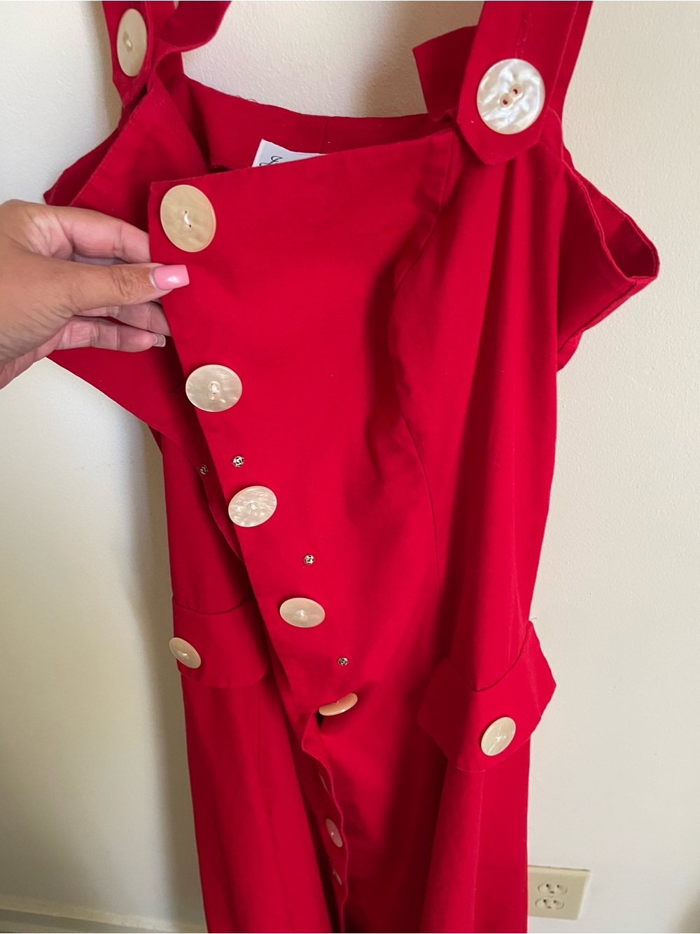 Vintage Red Button-Front Midi Dress with Ruffle Detail - Picture 2 of 4